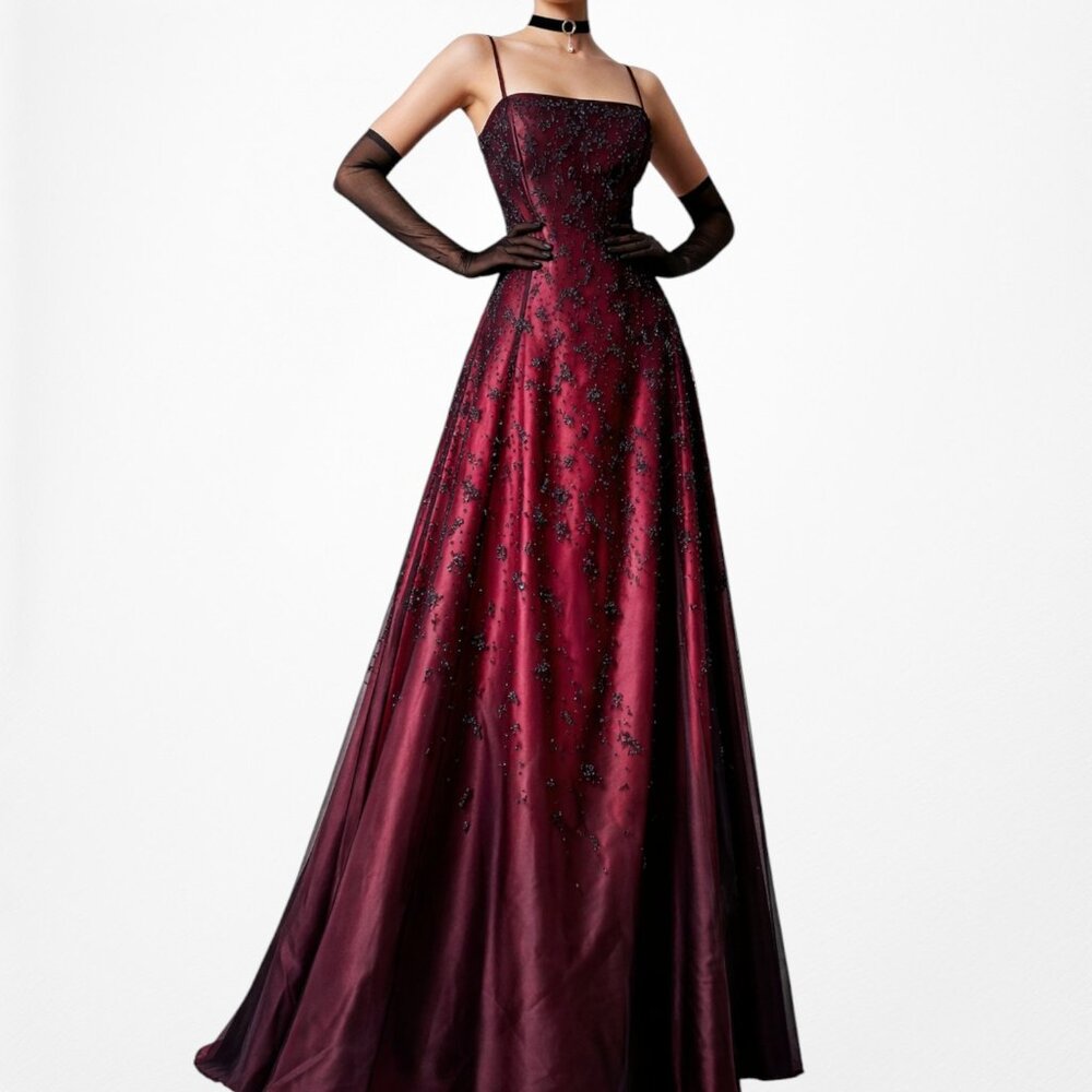 Vintage Y2K Burgundy Red Floral Beaded Ombre Satin Flared Maxi Prom Dress Size L